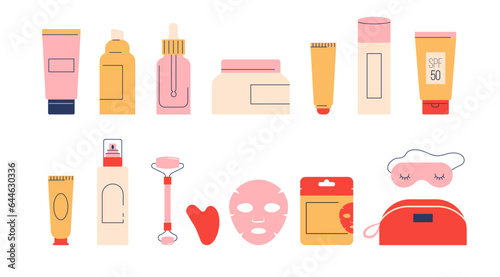 Skin Care products illustrations, skincare routine. Cream, lotion, mask, eye cream and sunscreen bottles