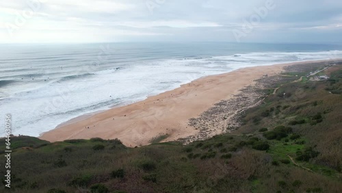 Aerial view of North Beach in Nazare famously known for having the biggest waves in the world.