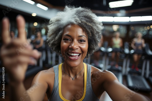 Afro american female athlete smile, take selfie for blog inspiration and progress post. Fitness, exercise fitness gym selfie portrait of woman happy about workout, training motivation, body wellness.