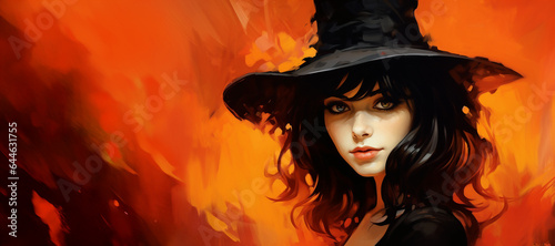 Black witch on orange backgrounds, woman in black hat. Halloween theme.