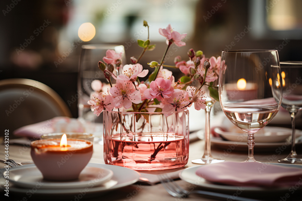 Elegant table setting with pink flowers in vase at restaurant