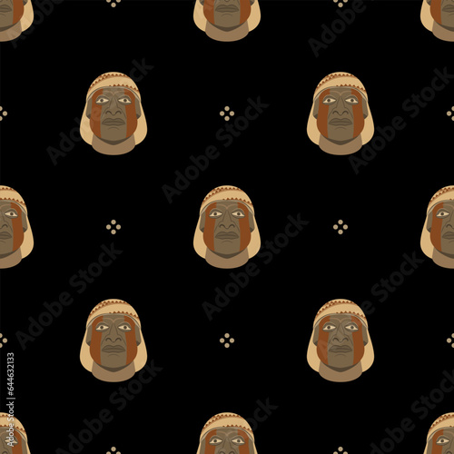 Seamless ethnic pattern with heads of Moche men. Native American art of ancient Peru. Indigenous male portrait. On black background.