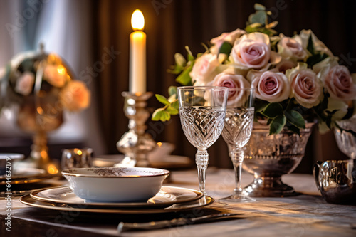 Elegant table setting with candles and flowers in restaurant. Selective focus. Romantic dinner setting with candles and flowers on table in restaurant.