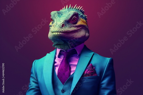 Lizard in a colorful suit and tie. Vibrant colors
