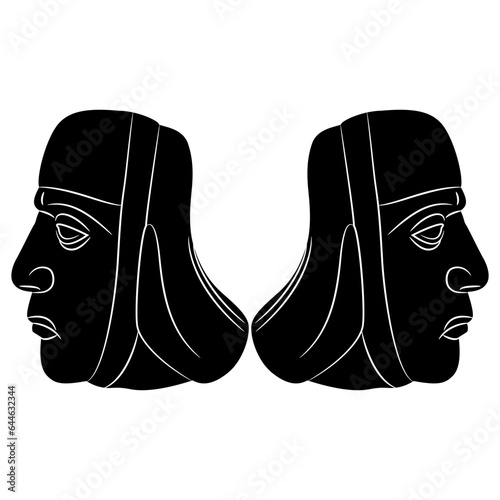Symmetrical ethnic design with two heads of ancient Peruvian man in profile. Moche portrait. Mochica pottery. Black and white negative silhouette.