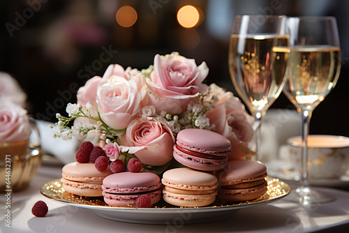 Plate with tasty macaroons and glasses of champagne on table