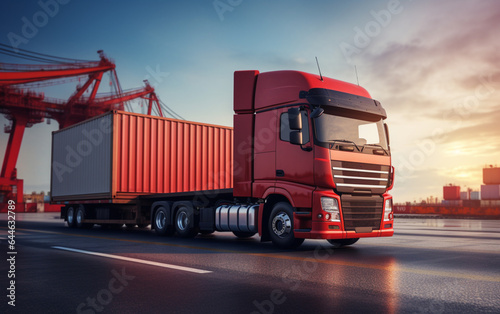 Container truck in ship port for business Logistics and transportation of Container Cargo ship and Cargo plane