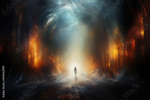  Religious biblical concept of human death, soul goes to purgatory, road to heaven, light at the end of the tunnel, road to god, life and death, heaven, heaven and hell photo