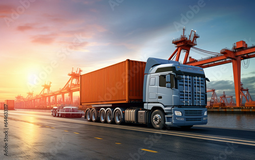 Container truck in ship port for business Logistics and transportation of Container Cargo ship and Cargo plane with working crane bridge in shipyard