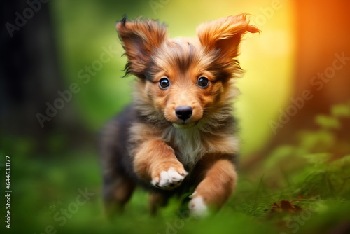 Active healthy puppy running with open mouth sticking out tongue in the forest on autumn