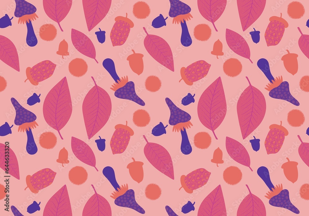 Cartoon retro floral seamless mushrooms and leaves pattern for wrapping paper and fabrics and linens and kids