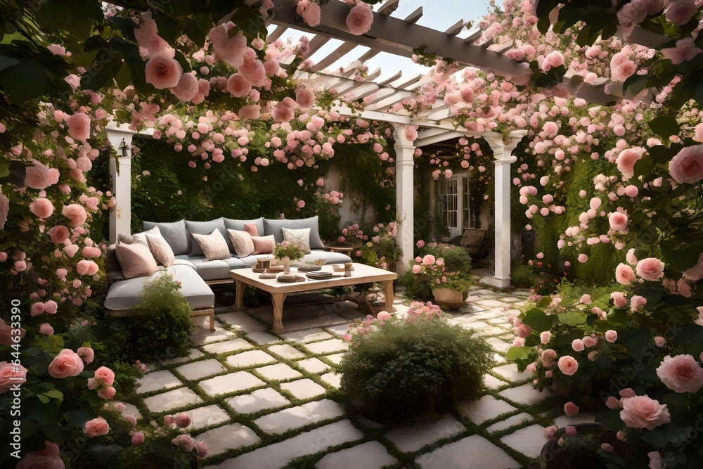 A tranquil backyard of a traditional home, featuring a pergola-covered patio surrounded by blossoming roses and climbing vines 