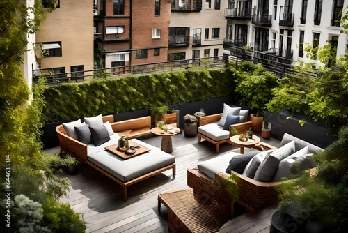 A captivating view of a traditional home's rooftop terrace, where lush greenery and comfortable seating create an urban oasis 