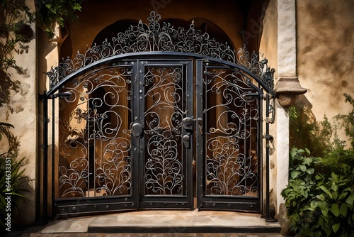 The artistic details of a traditional home's wrought iron gate, welcoming visitors with intricate patterns and a sense of refinement 