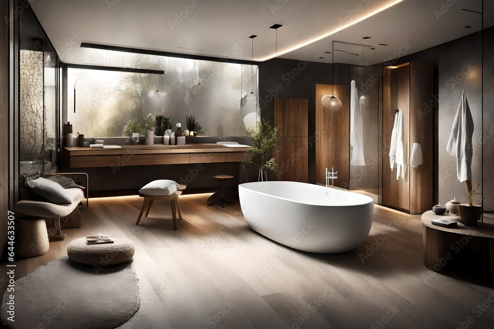 The tranquil ambiance of a modern bathroom, with a freestanding bathtub and soft, diffused lighting The tranquil ambiance of a modern bathroom, with a freestanding bathtub and soft, diffused lighting