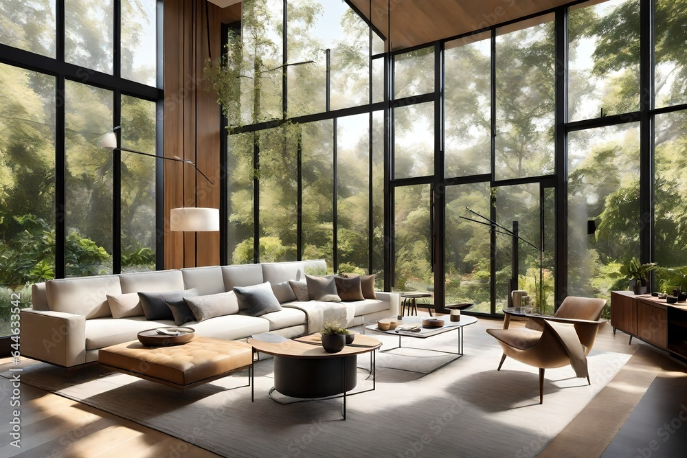 A sunlit living room in a modern home, with floor-to-ceiling windows that create a seamless connection to the lush garden outside 