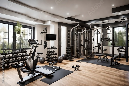 A stylish home gym in a modern residence, equipped with state-of-the-art exercise equipment and motivating decor 