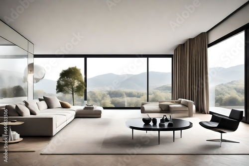 A sleek  minimalist living room with panoramic windows and contemporary art 