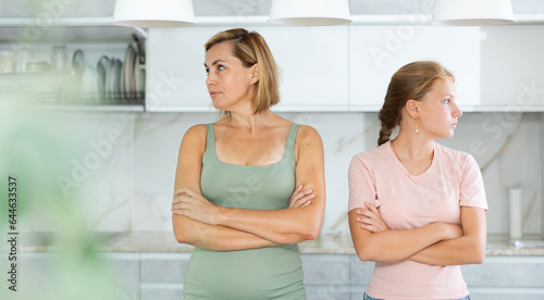 Obraz na plátne Upset offended teenage girl and adult woman standing with crossed arms at home kitchen, turned away from each other after quarrel