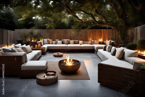 An inviting outdoor lounge with a firepit, perfect for evening gatherings 
