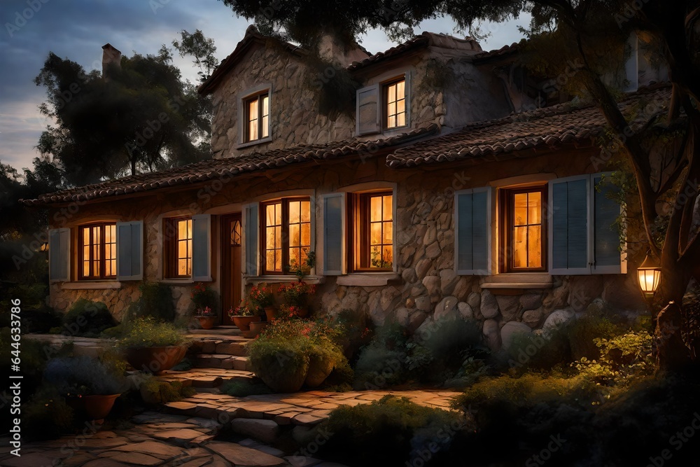 The inviting glow of a traditional home's windows as evening falls, offering a glimpse of the coziness within 