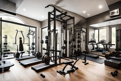 A stylish home gym in a modern residence, equipped with state-of-the-art exercise equipment and motivating decor 
