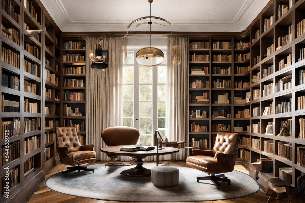The modern charm of a home library, complete with floor-to-ceiling bookshelves and plush reading chairs 