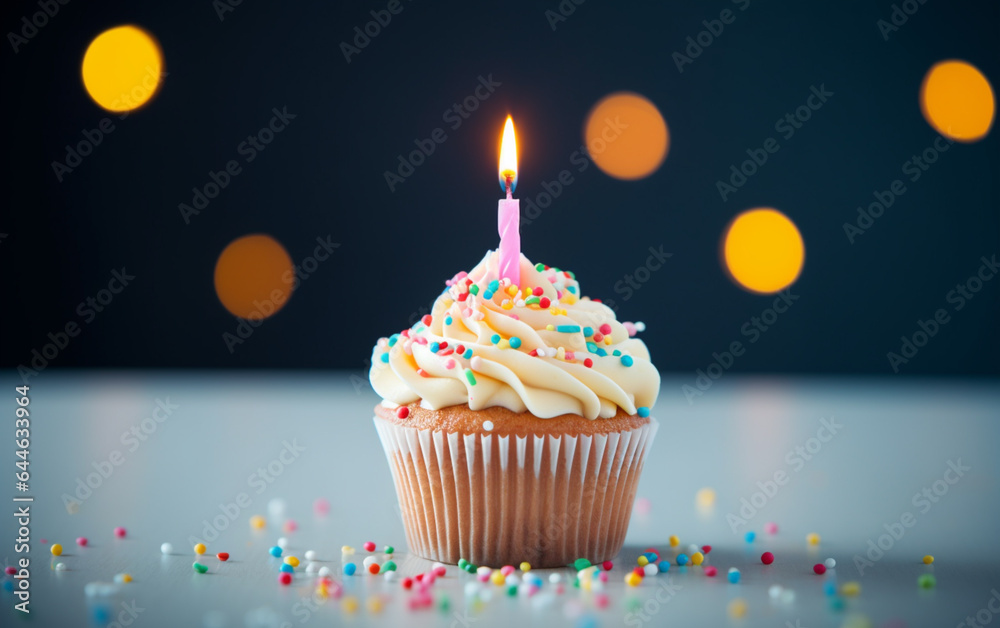 Delicious birthday cupcake on table on light background Delicious birthday cupcake on table on light background