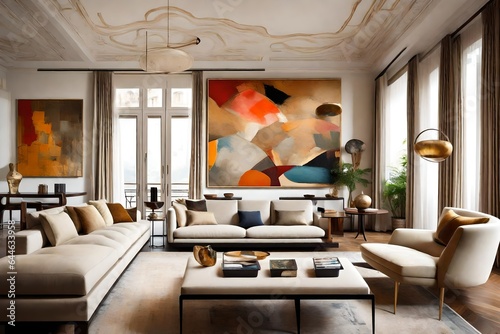 The artistic flair of a living room, adorned with abstract paintings and designer furniture 