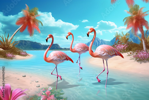 Flamingos standing in the water in a fancy world with palm trees