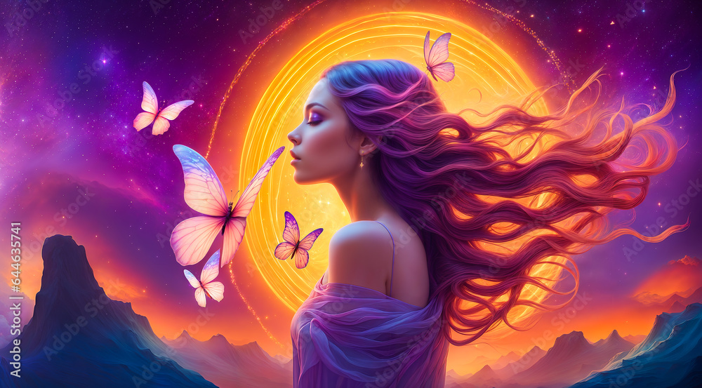 psychedelic Painting of a woman with long hair blowing in the wind, butterfly stars in background,