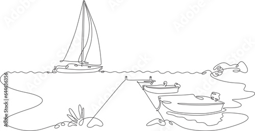 Yacht. Sailboat in the sea. Pier. Shore of the bay.Landscape. One continuous line. Linear. Hand drawn, white background.