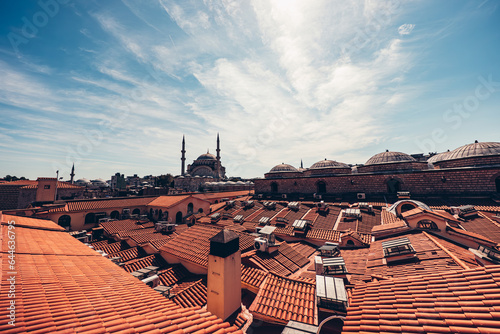 The roof of the historical covered bazaar and the mosque in Ottoman architecture. Istanbul's historical mosque and grand bazaar. Ottoman architecture roofs.