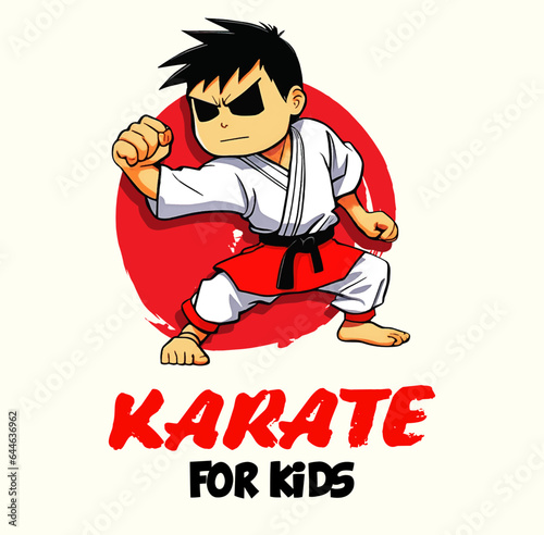 Vector Cartoon Boy in karate discipline. Martial arts school for childrens. Baby Karate logo. Strong kids concept.