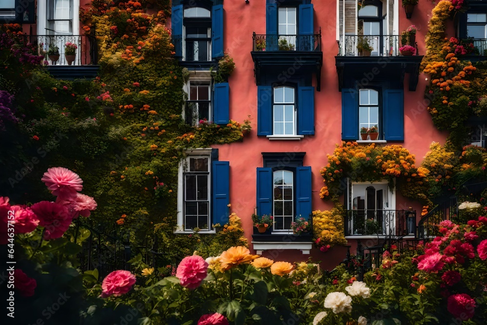 Obraz premium An enchanting view of a townhouse's exterior, framed by vibrant flowers and a clear blue sky 