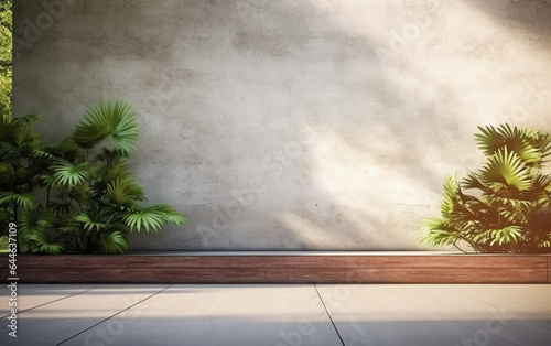 Empty exterior concrete wall with tropical style garden 3d render, decorate with tropical style tree, sunlight on the wall