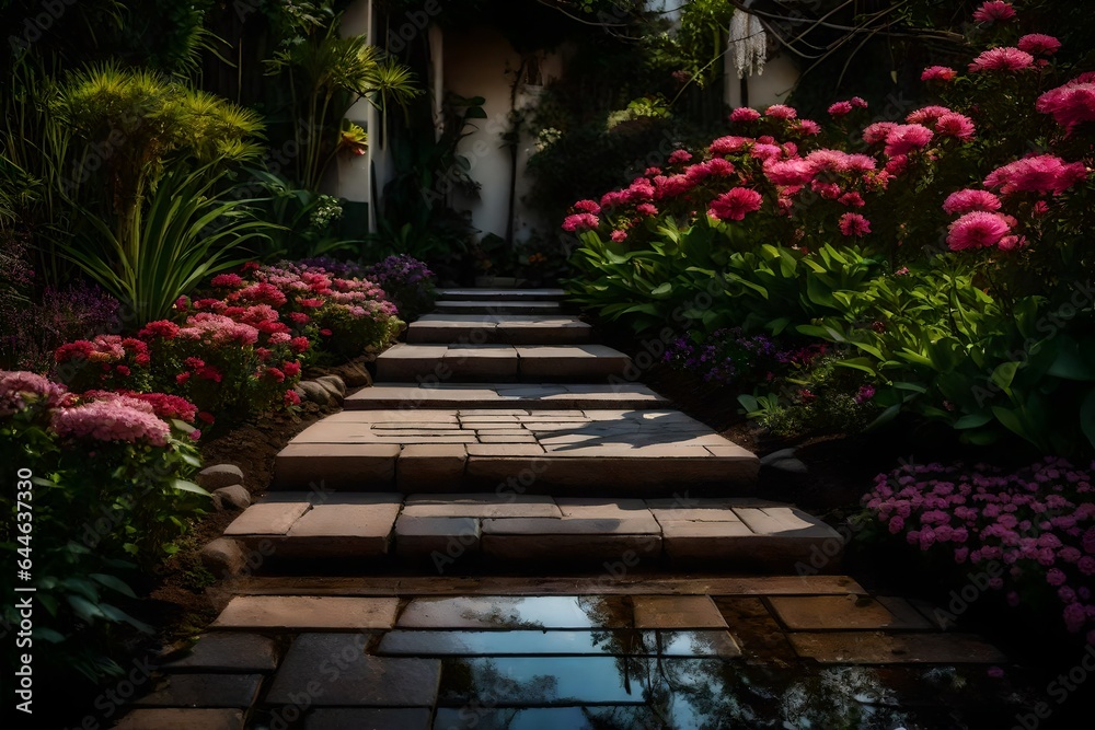 The tranquility of a duplex's garden path, lined with stepping stones and blooming flowers 