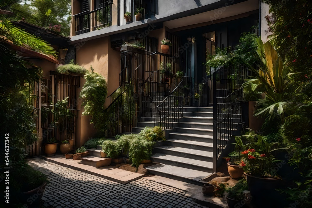 The inviting entrance of a duplex, with a charming pathway and well-tended landscaping 