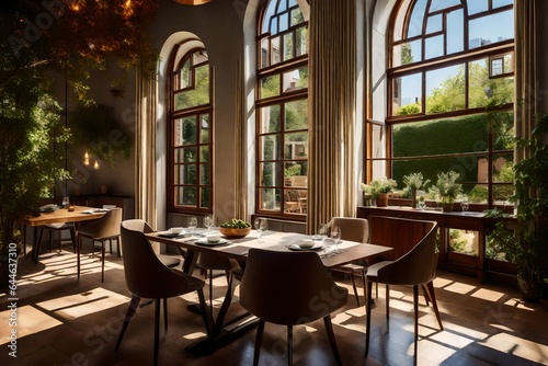 A duplex's sunlit dining area, with a large window that overlooks a serene courtyard 