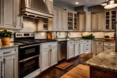 The cozy ambiance of a townhouse kitchen, with granite countertops and stainless steel appliances 