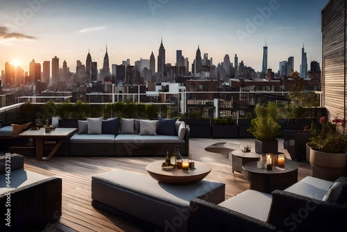 A townhouse's rooftop terrace, offering panoramic views of the surrounding cityscape 