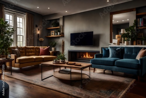 The inviting warmth of a townhouse's living room, with a brick fireplace and comfortable seating 