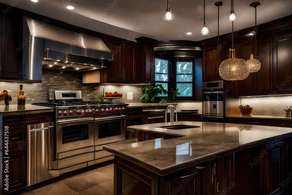 The cozy ambiance of a duplex kitchen, with granite countertops and stainless steel appliances The cozy ambiance of a duplex kitchen, with granite countertops and stainless steel appliances