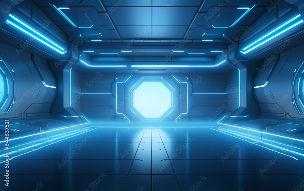 Empty light blue studio room futuristic Sci Fi big hall room with lights blue, Future background for design