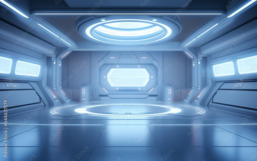 Empty light blue studio room futuristic Sci Fi big hall room with lights blue, Future background for design Empty light blue studio room futuristic Sci Fi big hall room with lights blue, Future background for design