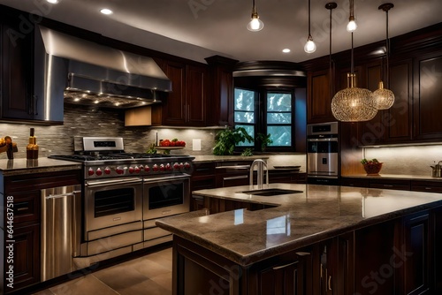 The cozy ambiance of a duplex kitchen  with granite countertops and stainless steel appliances 
