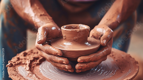 close up view of male potter hands making pot with clay wheel © Daniel