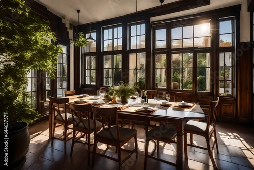 A townhouse s sunlit dining area  with a large window that overlooks a serene courtyard 