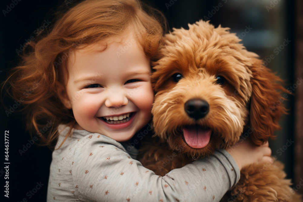 Cute little girl hugging poodle dog. Asthma triggers,hypoallergenic pets, allergy relief concept. Digital Ai. Cute little girl hugging poodle dog. Asthma triggers,hypoallergenic pets, allergy relief concept. Digital Ai.