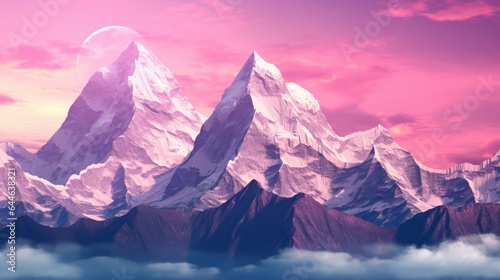 Mountain range with visible silhouettes through the morning colorful fog. Hazy mountain sunset. Panoramic view. Illustration for banner, poster, cover, brochure or presentation.